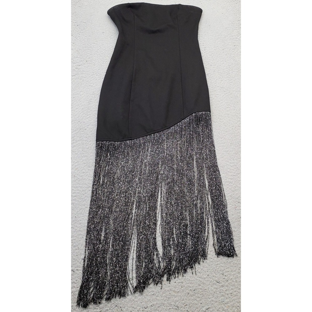Superdown Cleo Strapless Dress Women XS Black Sparkly Silver Fringe Hem Back Zip